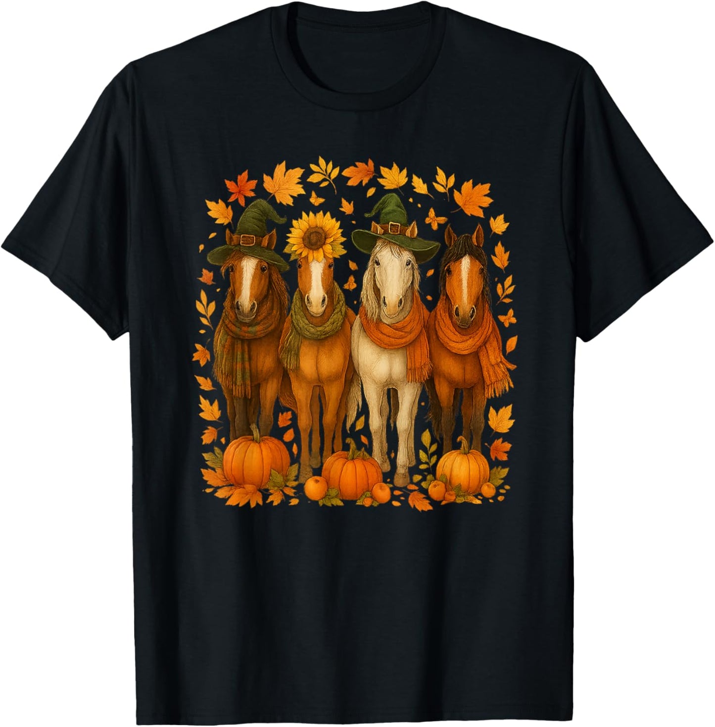 Fall Horse Thanksgiving Horse Autumn Leaves Western Horses T-Shirt - T-Shirt | Black