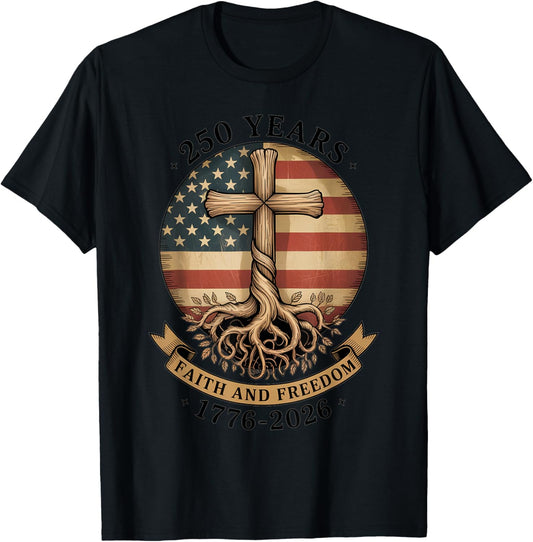 250 Years Bold Cross with Faith Family Freedom 4th of July T-Shirt - T-Shirt | Black