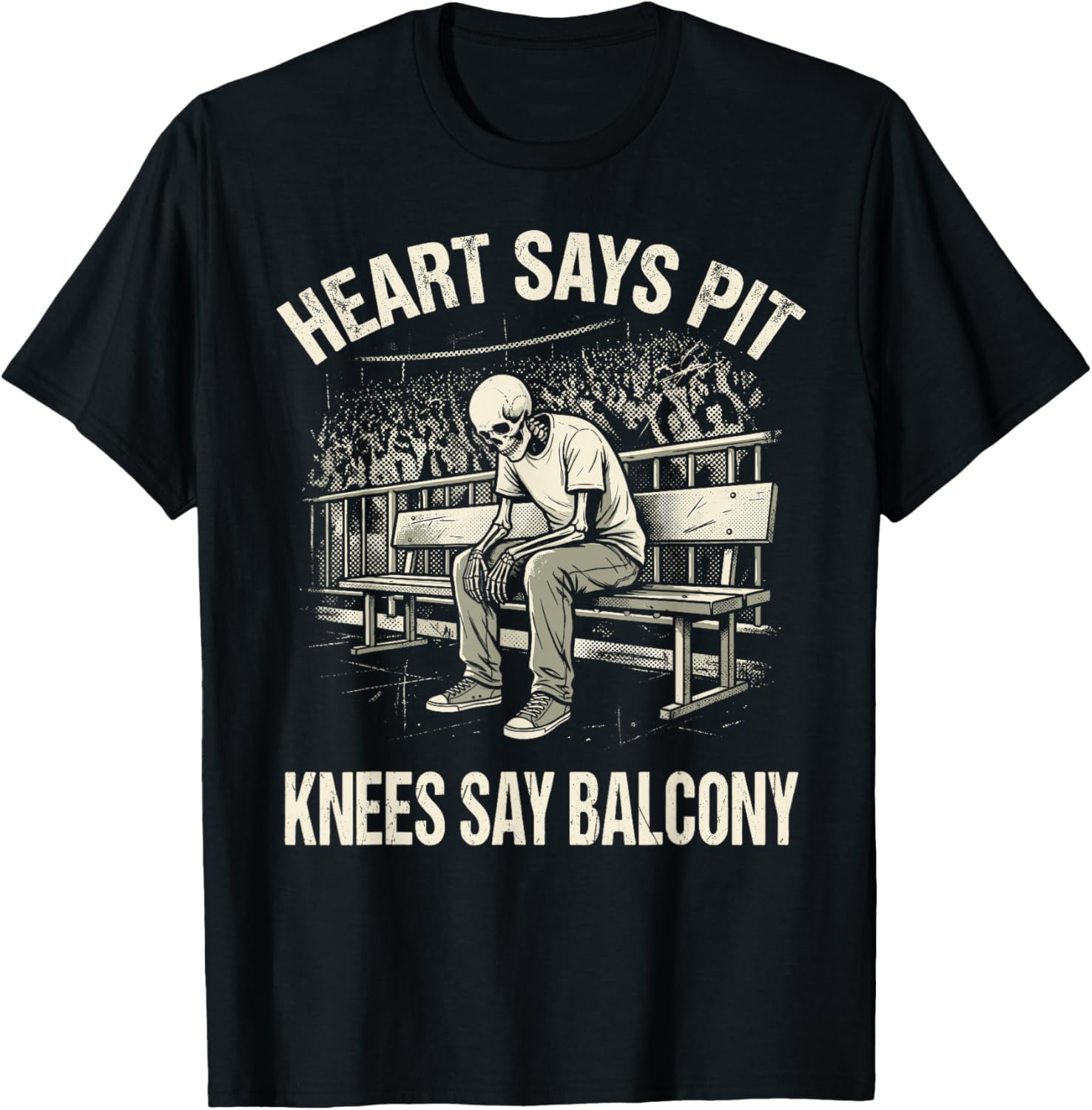 Heart Says Pit Knees Say Balcony Aging Rocker Skeleton T-Shirt - T-Shirt | Black