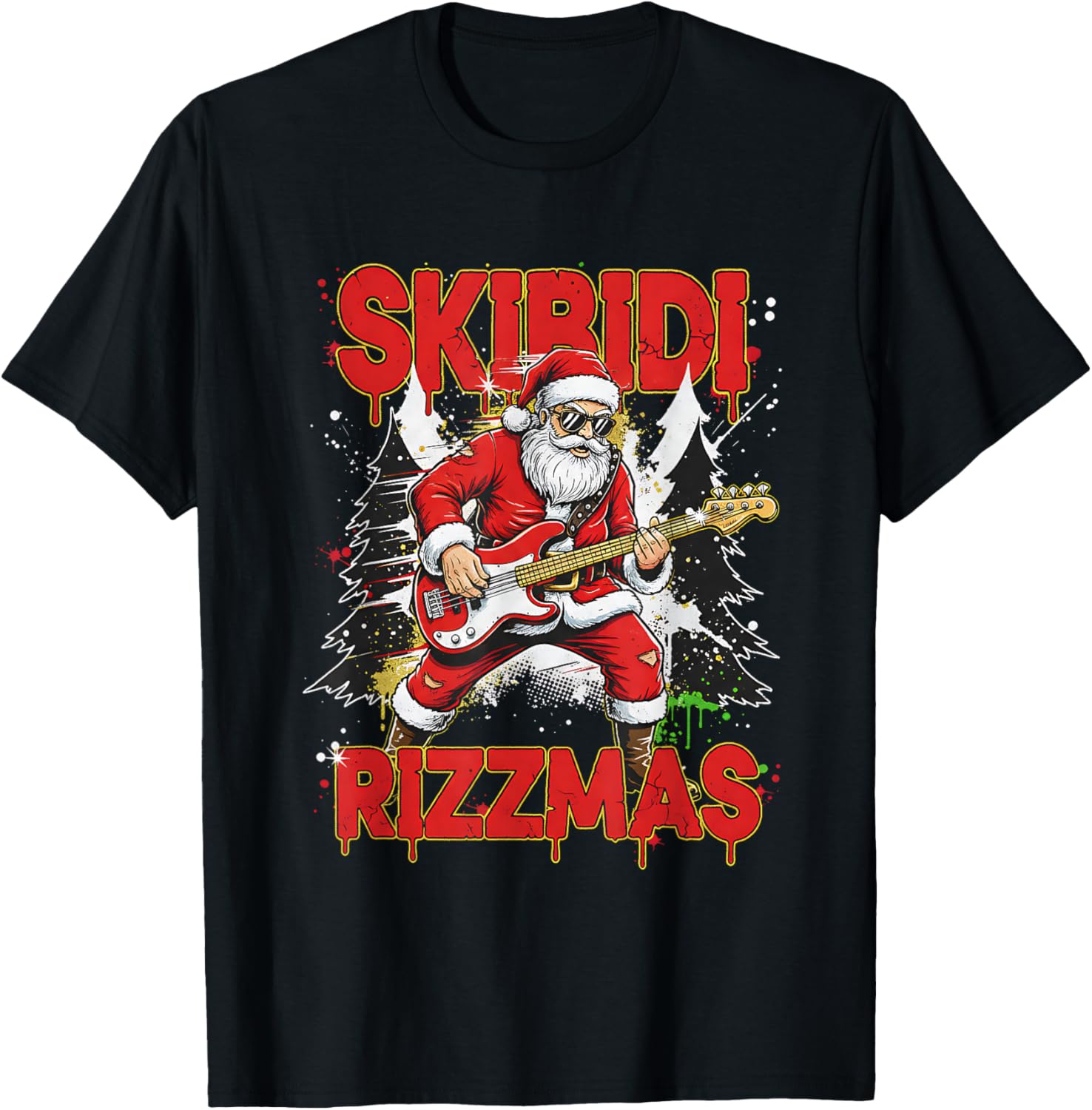 Skibidi Rizzmas Santa Playing Guitar Funny Christmas T-Shirt - T-Shirt | Black