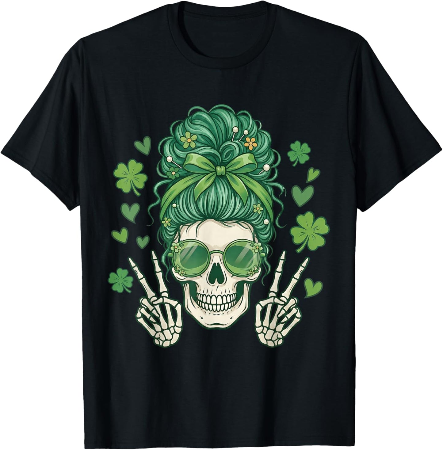 Messy Bun Skull St Patricks Day Women Girl St Paddys Pattys T-Shirt - T-Shirt | Black