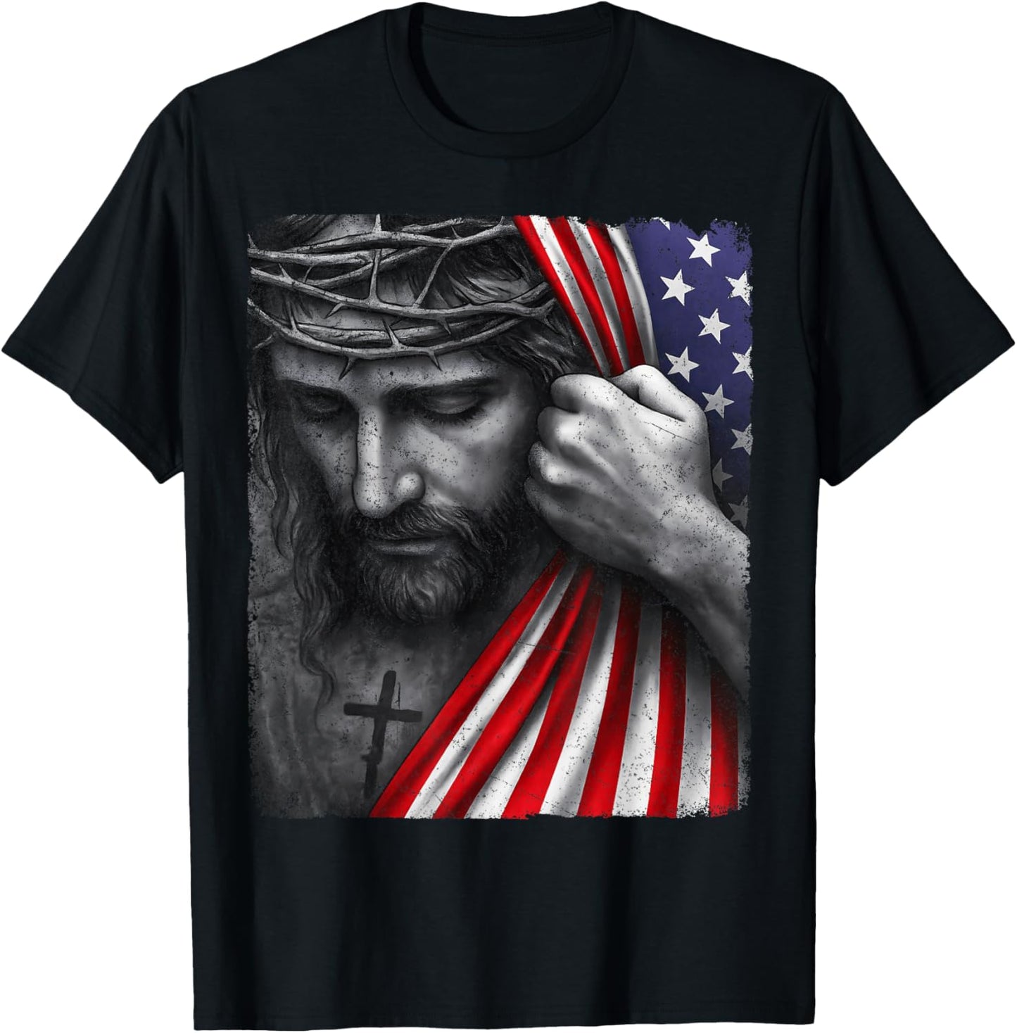 Jesus Faith Cross Crown America Patriotic Heritage Flag T-Shirt - T-Shirt | Black