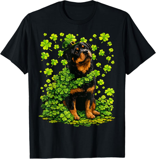 Lucky Rottweiler with Shamrocks Clovers St Patricks Day Dog T-Shirt - T-Shirt | Black