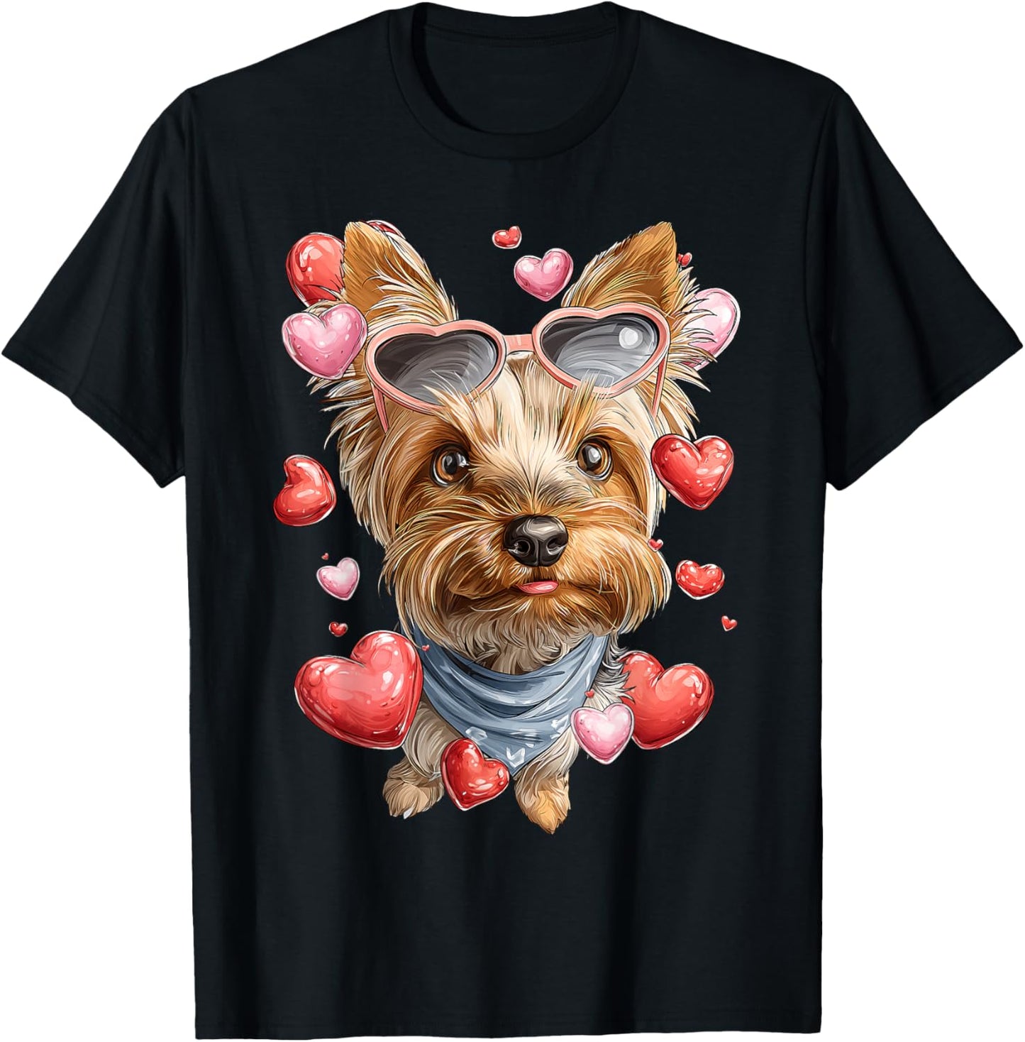 Yorkshire Terrier Dog Yorkie Valentine's Day Heart Glasses T-Shirt - T-Shirt | Black