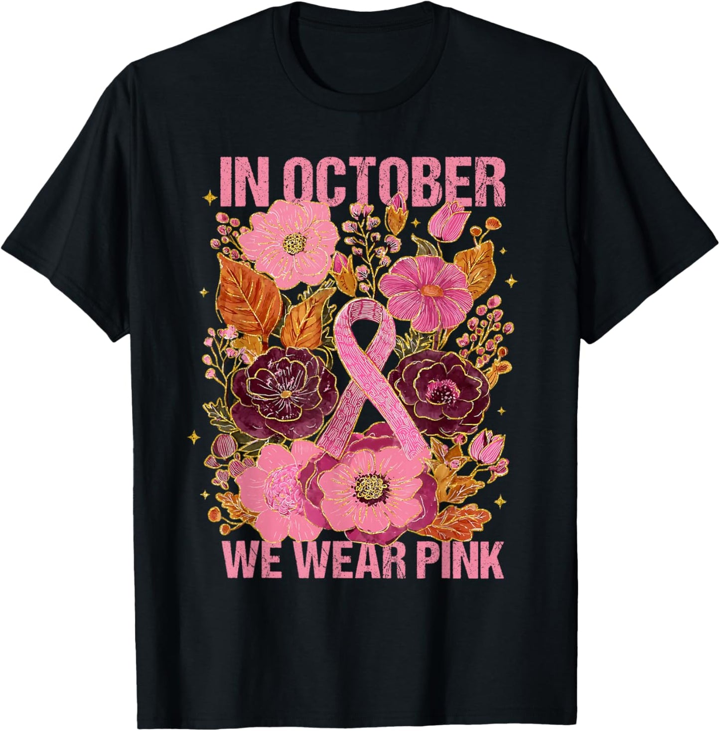 in October We Wear Pink Boho Breast Cancer Pink Ribbon Women T-Shirt - T-Shirt | Black