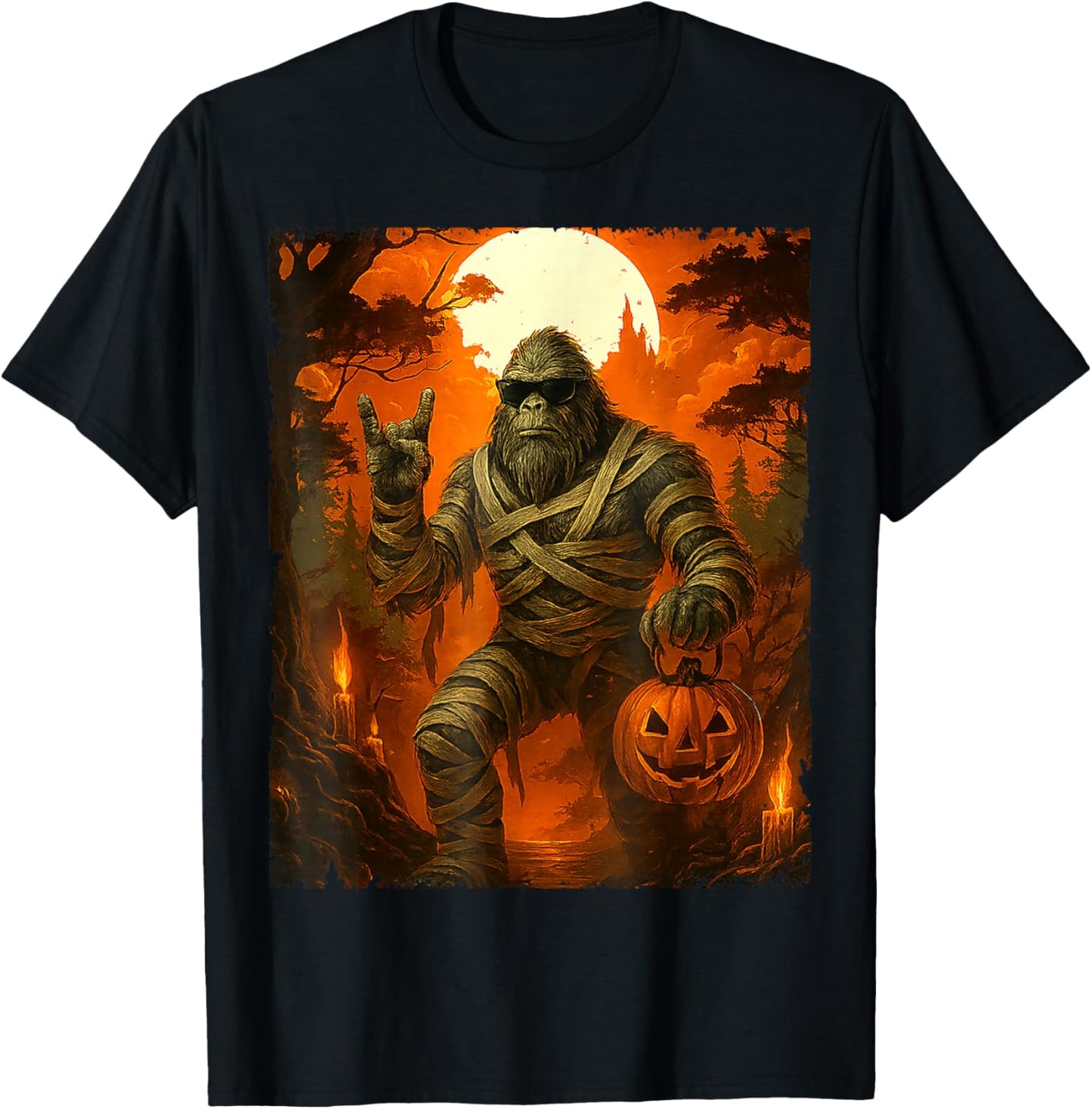 Bigfoot Mummy with Jack O’Lantern Funny Halloween Costume T-Shirt - T-Shirt | Black