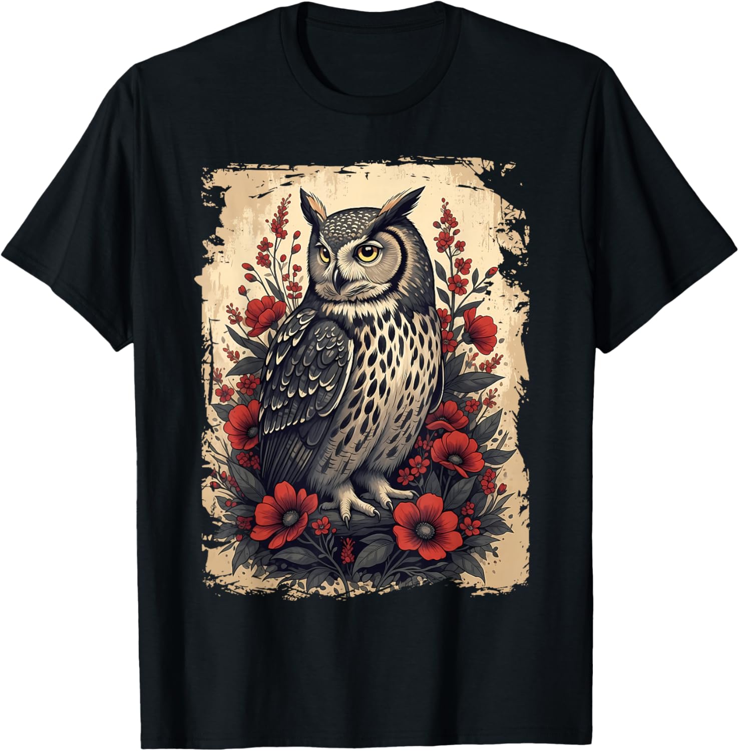Gothic Owl Rose Enchanted, Vintage Floral Owl Nocturnal Bird T-Shirt - T-Shirt | Black