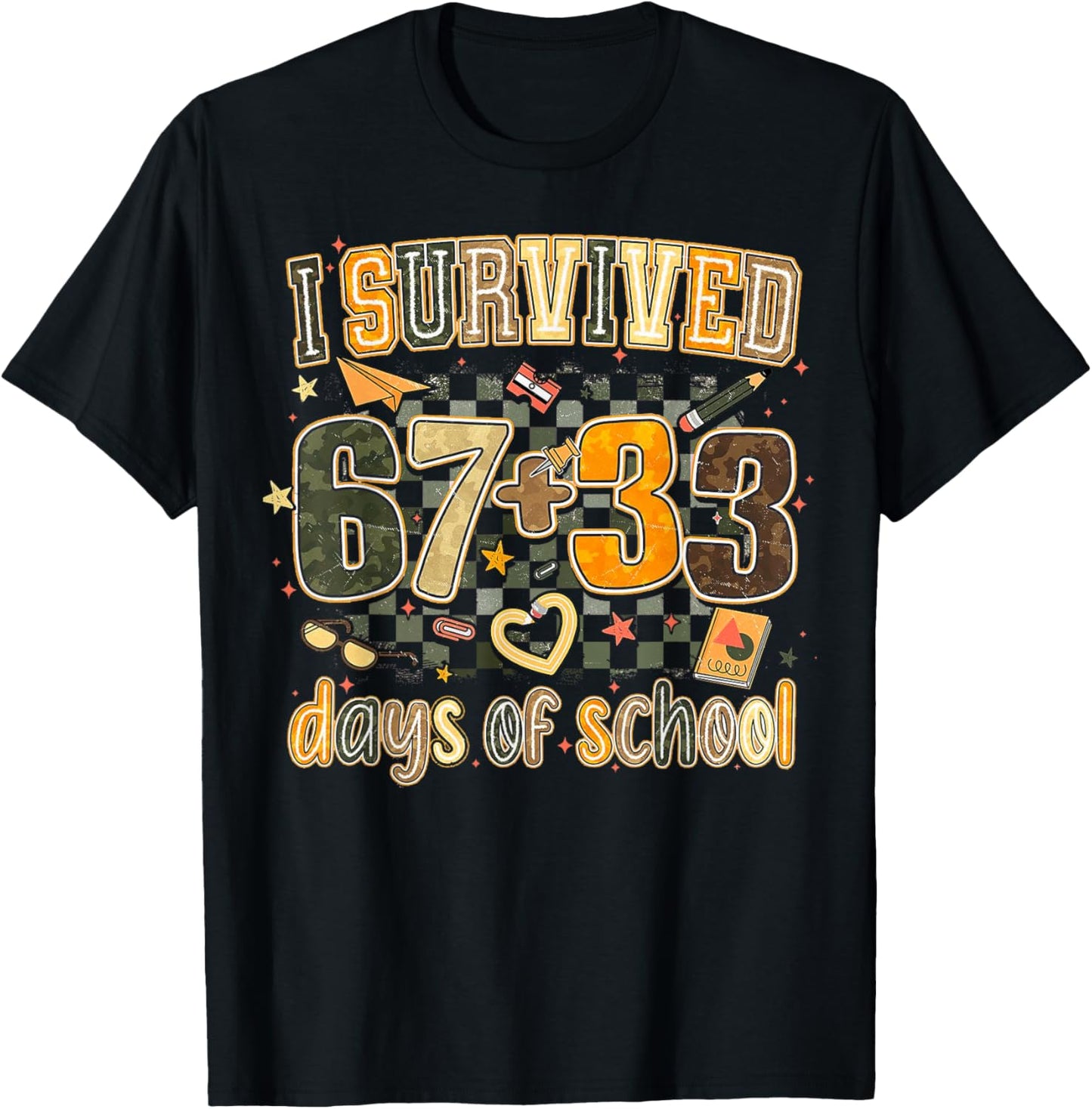 I Survived 67 + 33 100 Days of School Funny Math Meme Camo T-Shirt - T-Shirt | Black