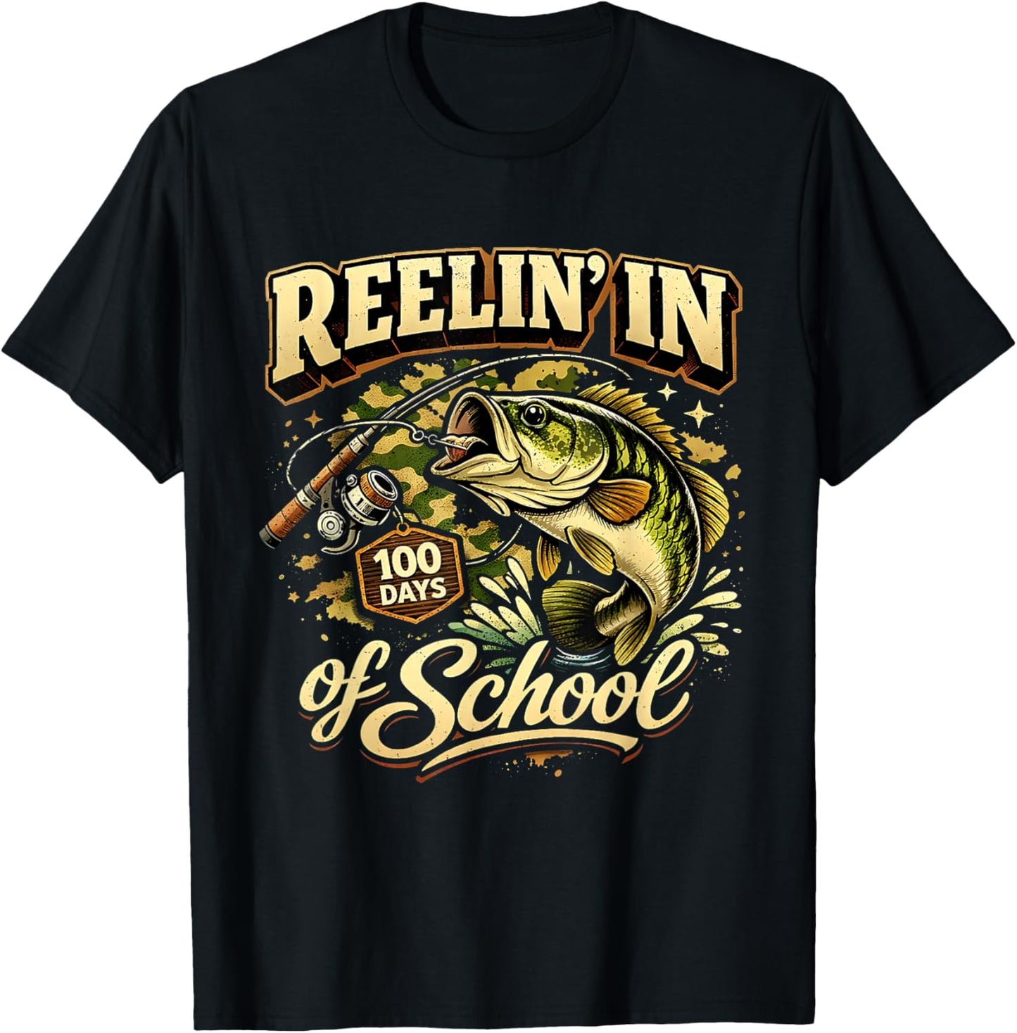Reelin in 100 Days of School Fishing Fun T-Shirt - T-Shirt | Black