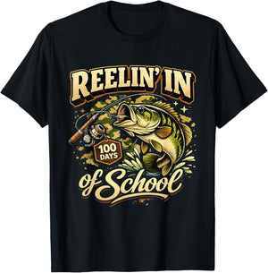 Reelin in 100 Days of School Fishing Fun T-Shirt - T-Shirt | Black