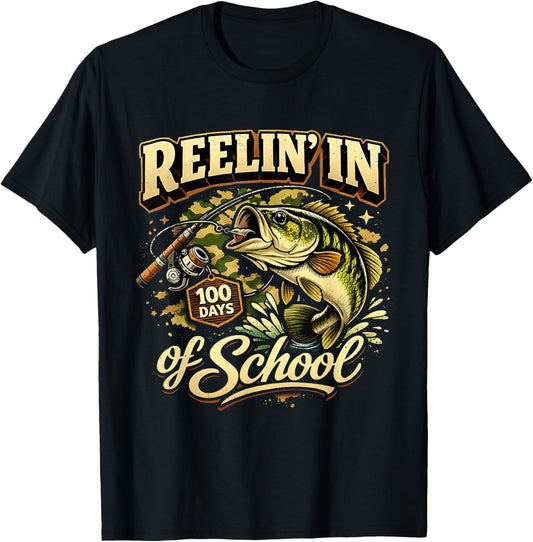 Reelin in 100 Days of School Fishing Fun T-Shirt - T-Shirt | Black