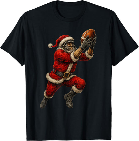 Santa Claus Playing American Football Christmas Football Fan T-Shirt - T-Shirt | Black