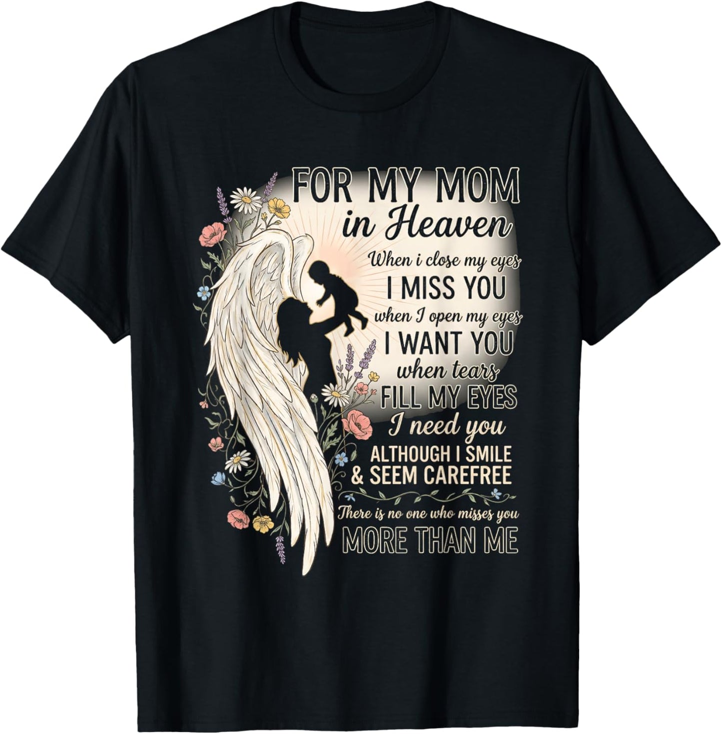 Mom in Heaven Missing You Angel Wings Remembrance T-Shirt - T-Shirt | Black