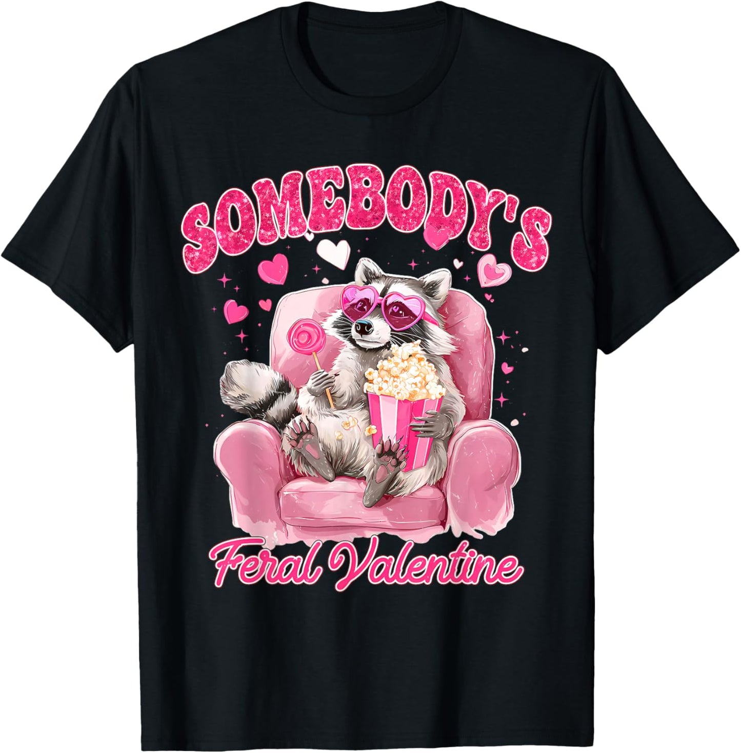 Valentine Raccoon Heart Glasses Lollipop Somebody's Feral T-Shirt - T-Shirt | Black