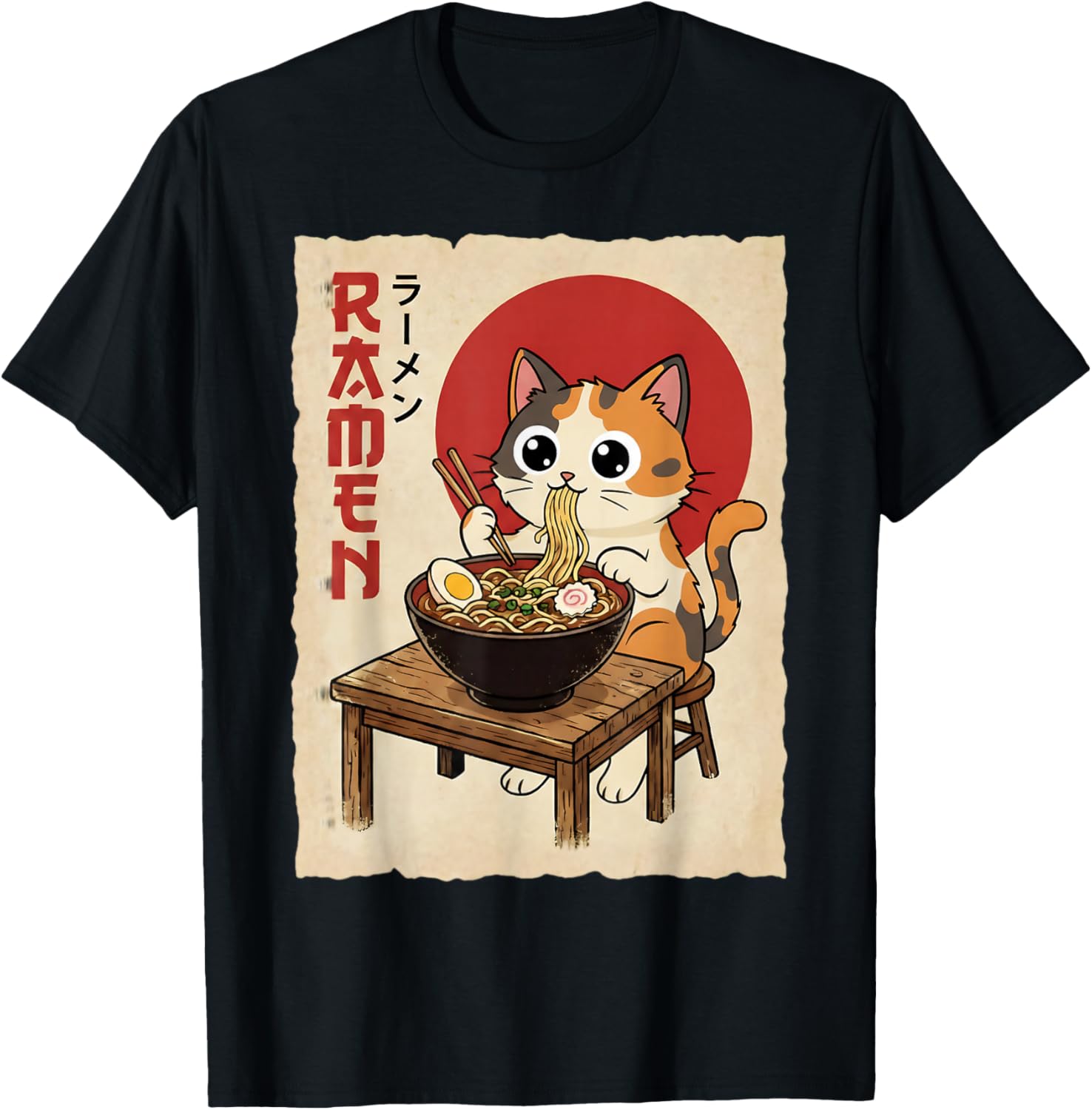 Anime Calico Cat Eating Noodles Funny Kawaii T-Shirt - T-Shirt | Black