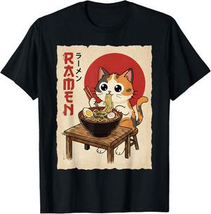 Anime Calico Cat Eating Noodles Funny Kawaii T-Shirt - T-Shirt | Black