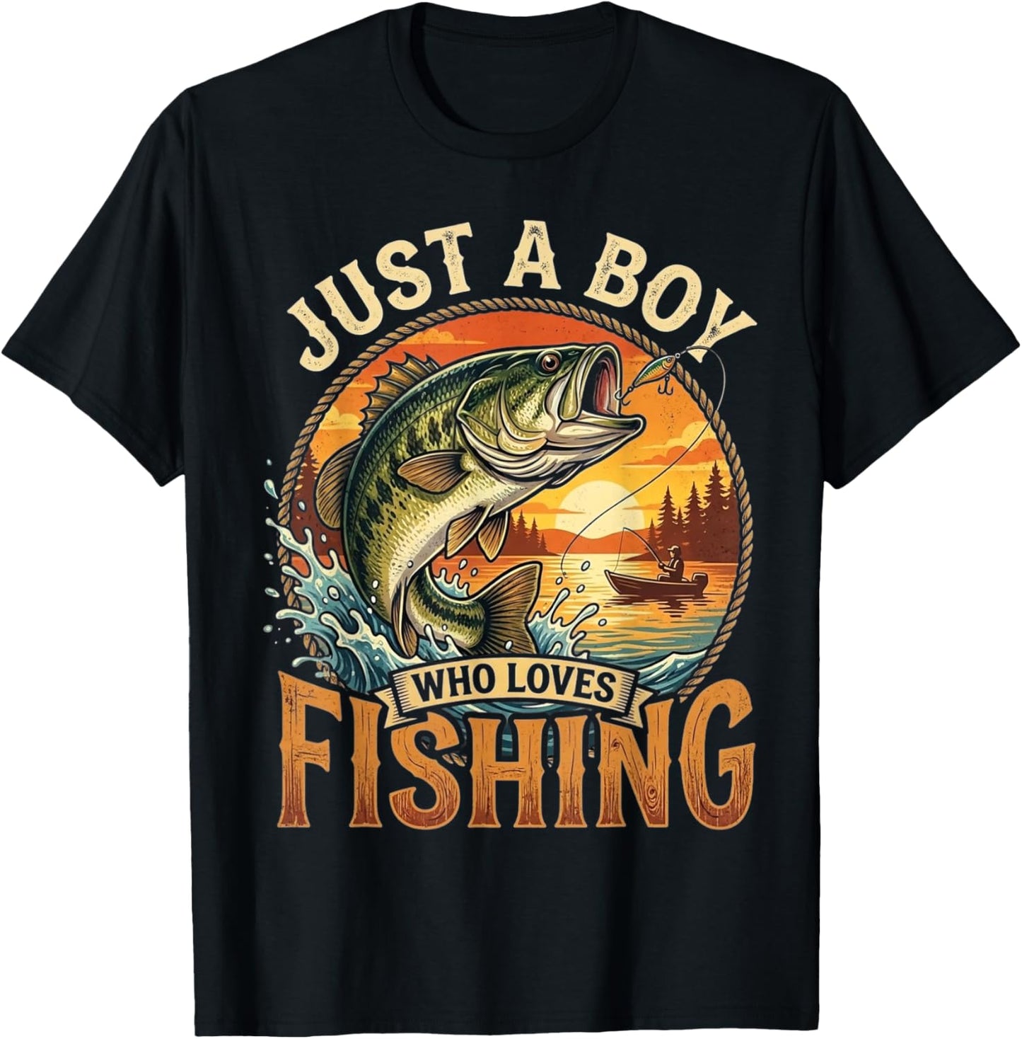 Just A Boy Who Loves Fishing Funny Fishing Bass Angler T-Shirt - T-Shirt | Black