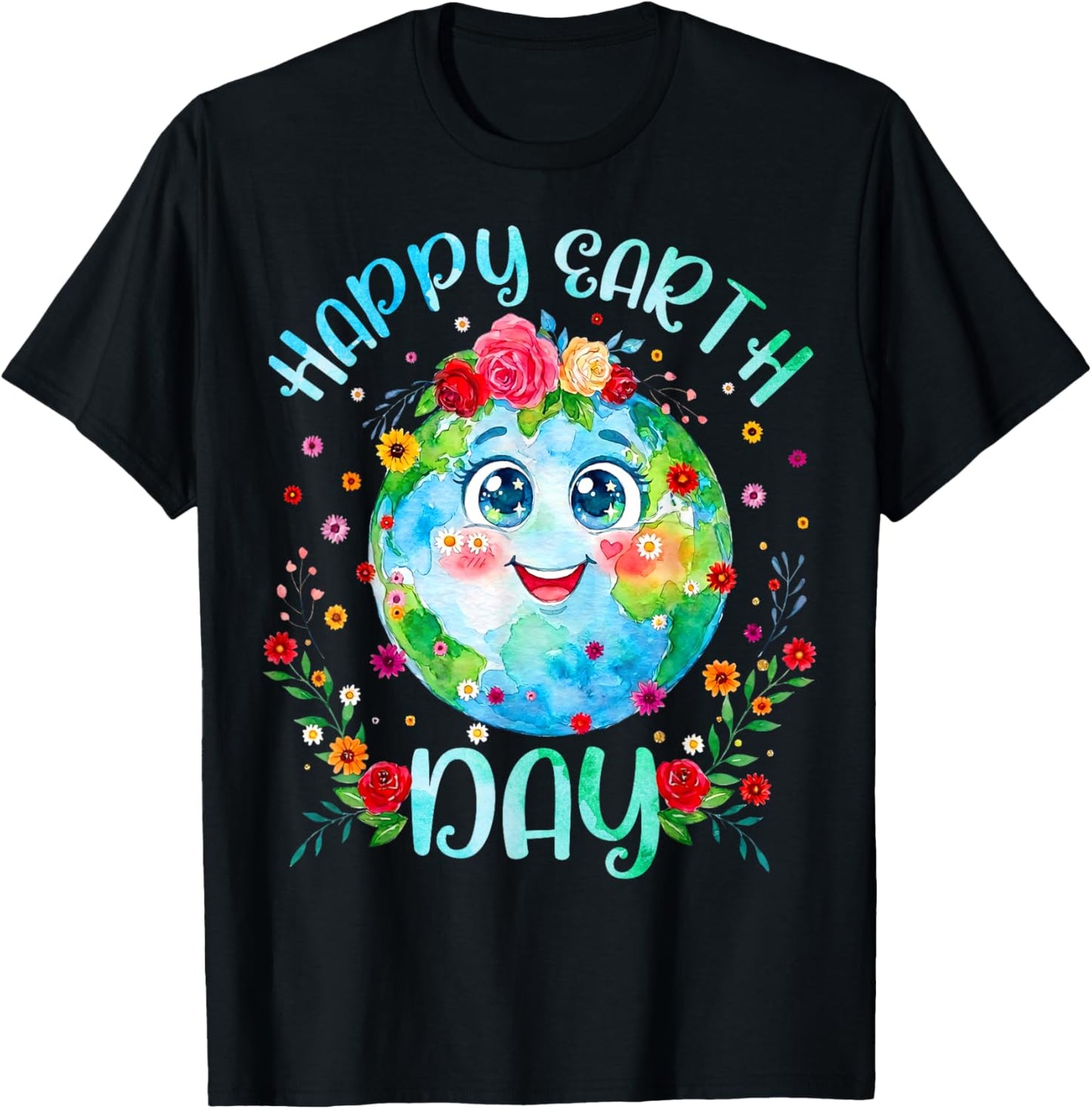 Happy Earth Day Cute Floral Earth Day 2026 Men Women Kids T-Shirt - T-Shirt | Black