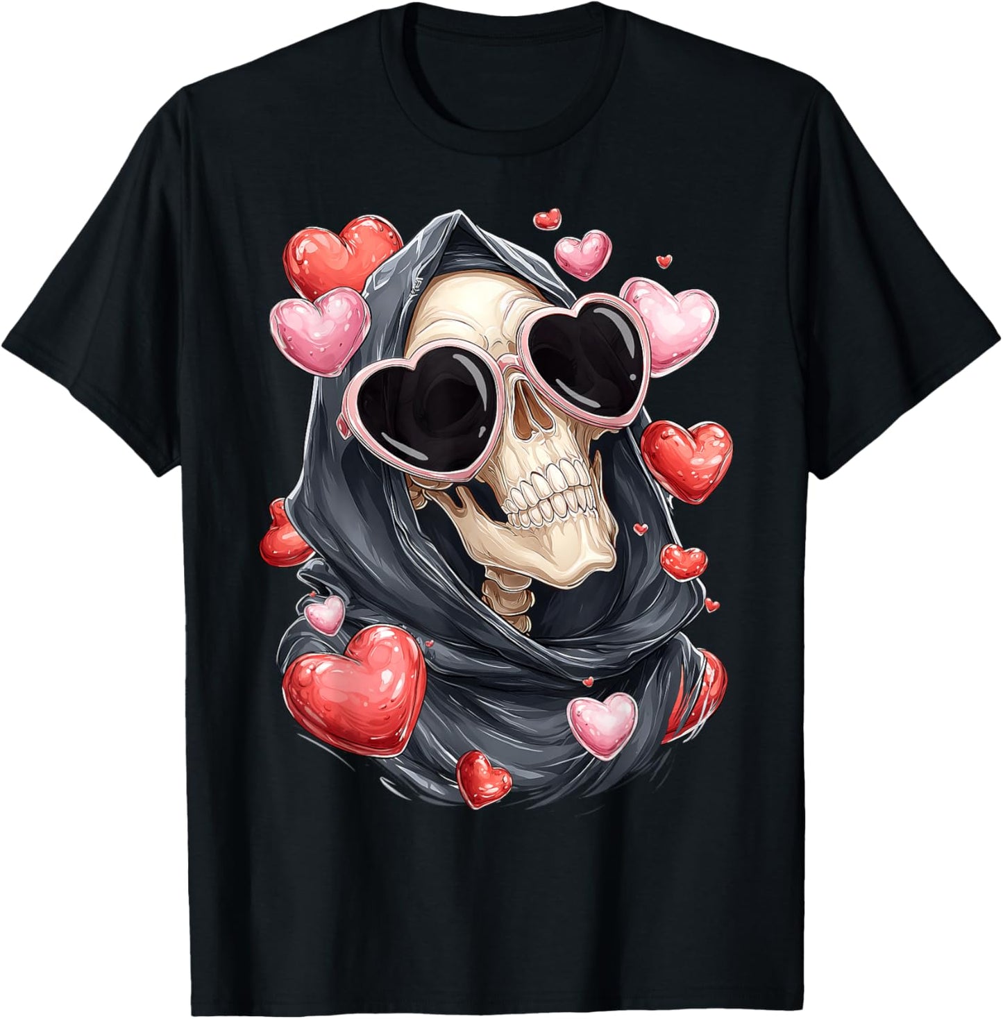 Grim Reaper The Death Skull Valentine's Day Heart Sunglasses T-Shirt - T-Shirt | Black