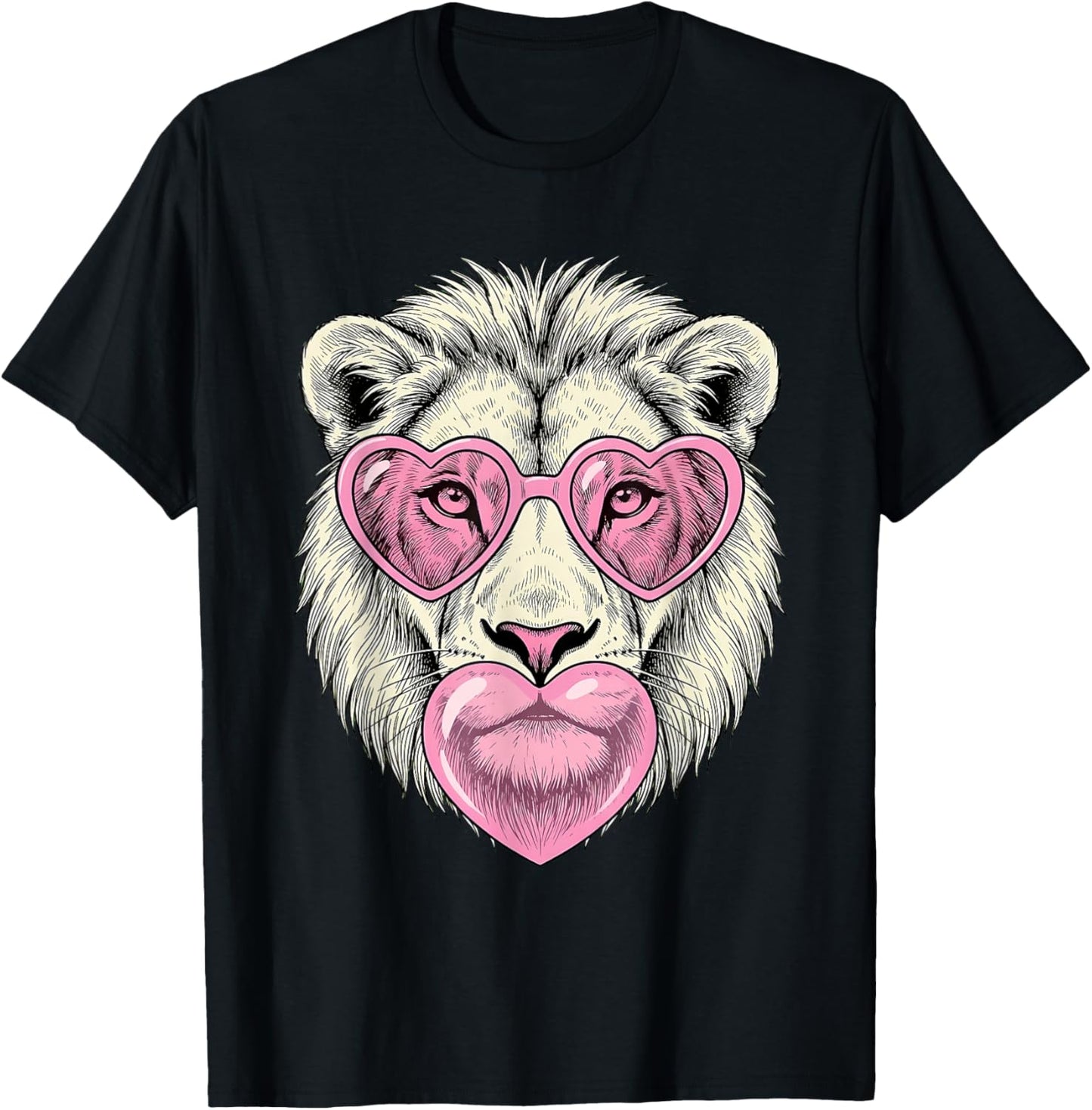 Cute Lion Blowing Pink Valentine Heart Bubble Gum T-Shirt - T-Shirt | Black