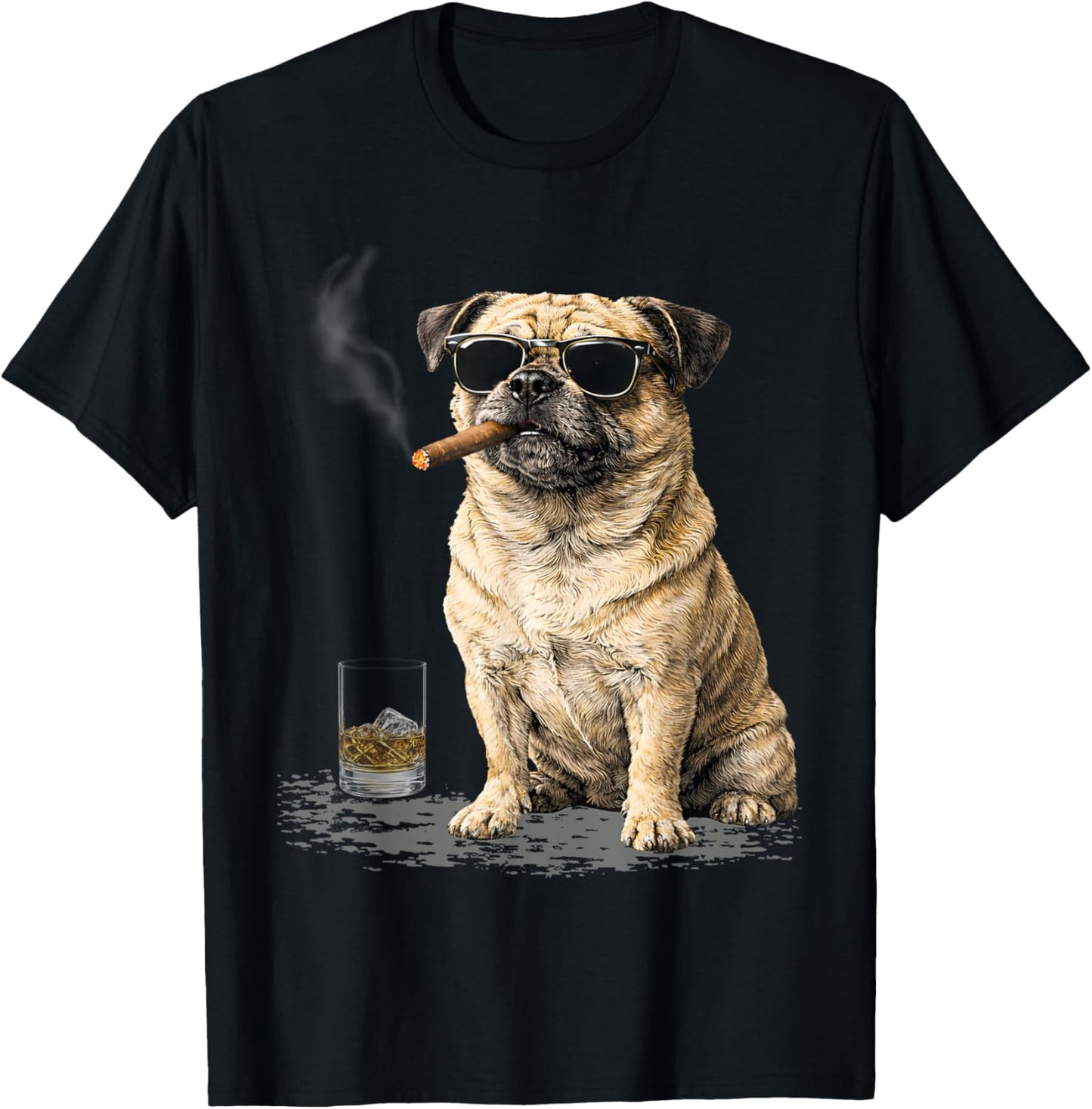 Retro Pug Smoking Cigar Whisky Lover Funny Dog Meme T-Shirt - T-Shirt | Black