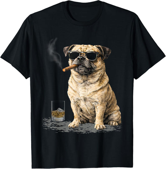 Retro Pug Smoking Cigar Whisky Lover Funny Dog Meme T-Shirt - T-Shirt | Black