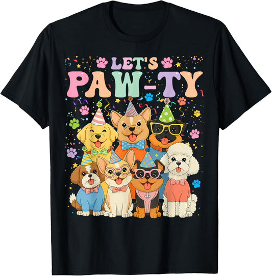 Dog Mom Birthday Dog Bday Boy Girl Let's Pawty Birthday T-Shirt - T-Shirt | Black