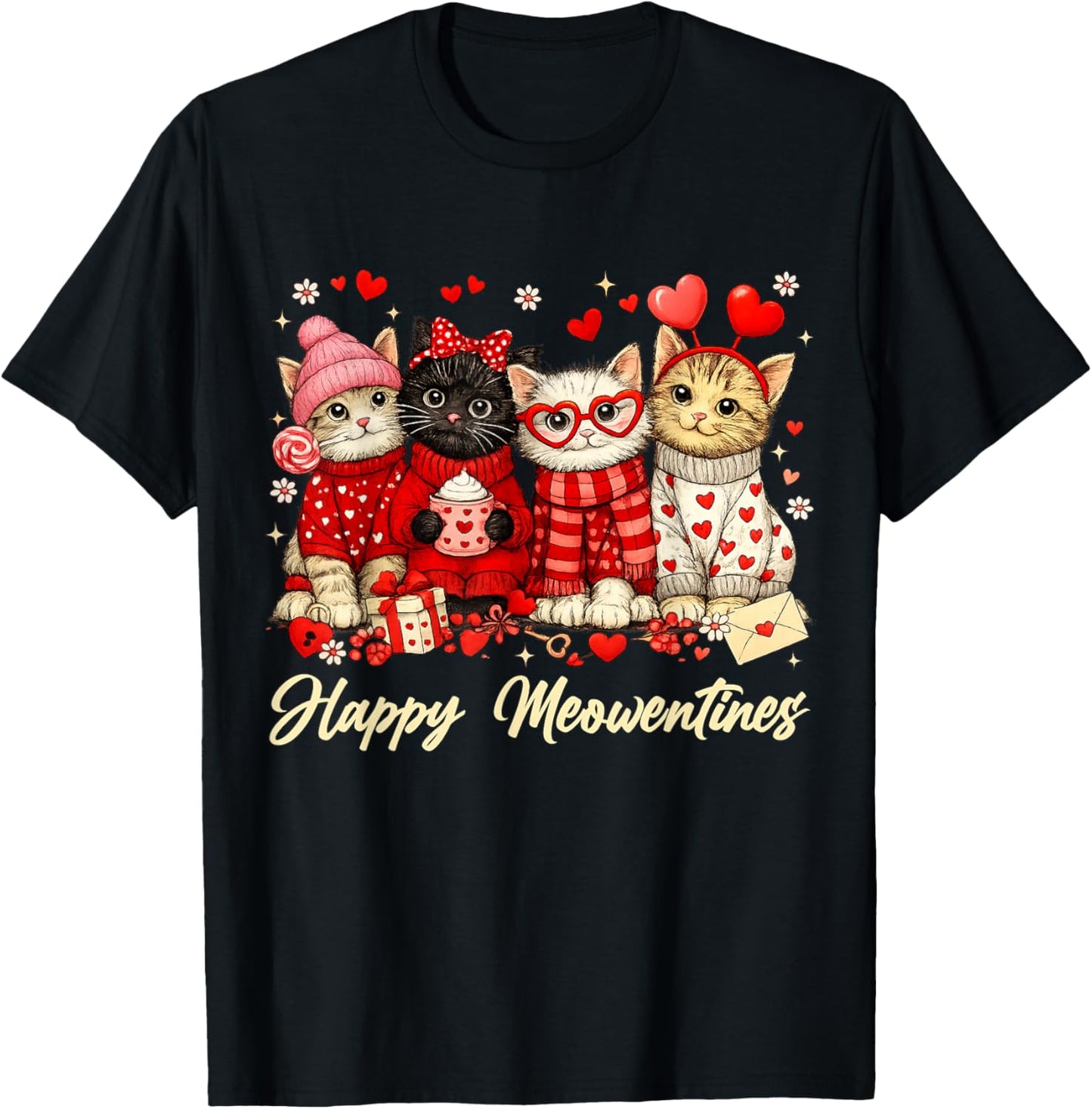 Funny Valentines Day Cats Happy Meowentines Kitten Hearts T-Shirt - T-Shirt | Black