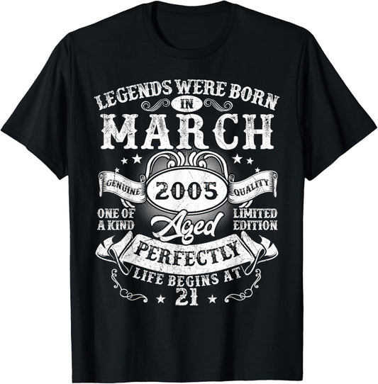 Vintage Legend March 2005 21 Year Old 21st Birthday Men Boys T-Shirt - T-Shirt | Black