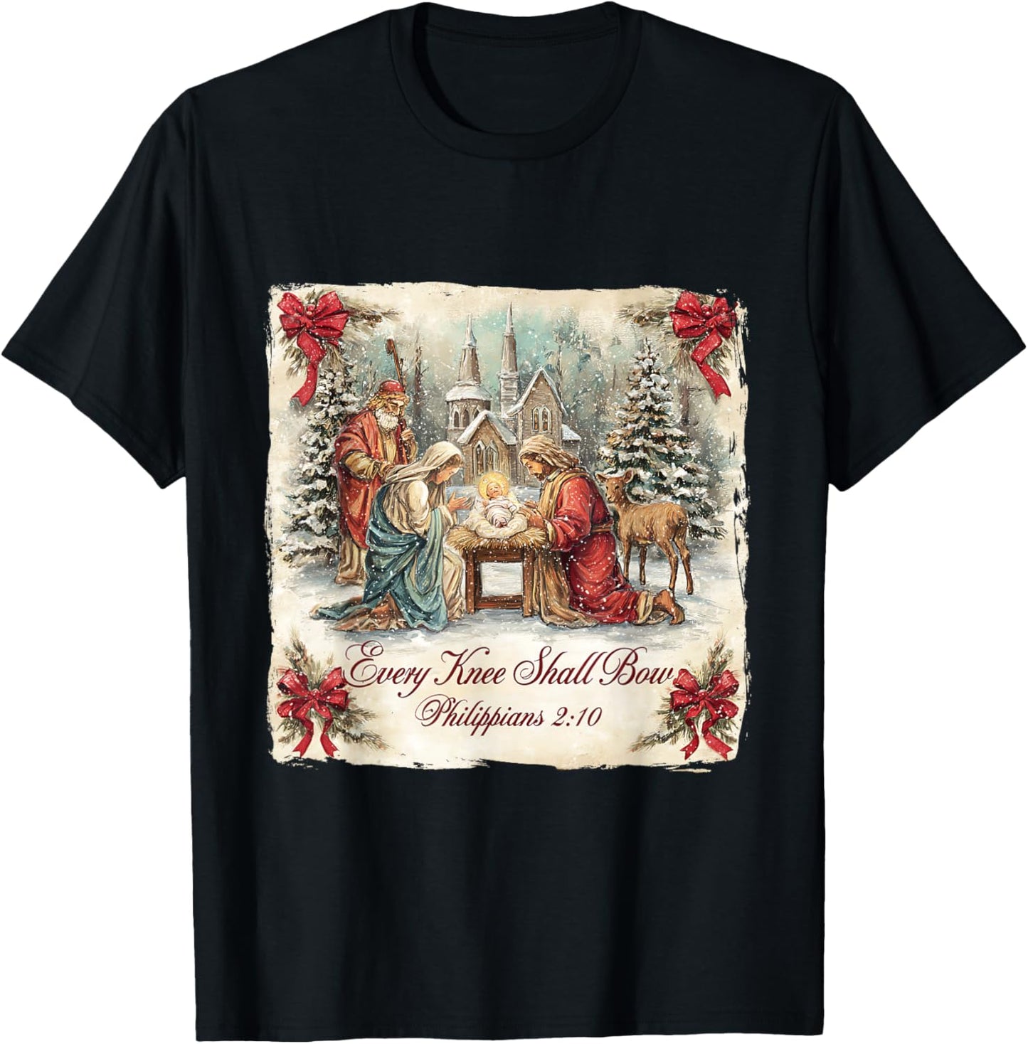 Bow Santa Christmas Nativity Scene Every Knee Shall Xmas T-Shirt - T-Shirt | Black