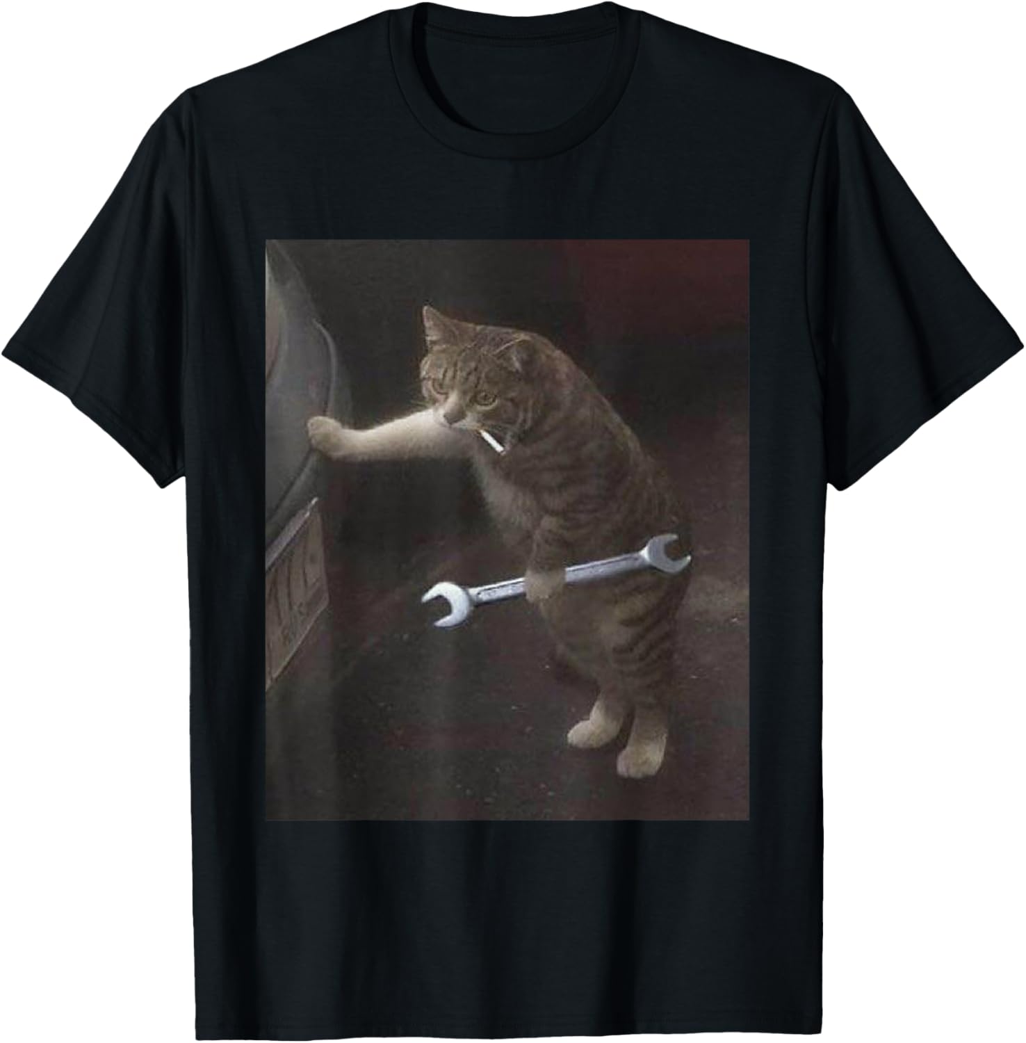 Funny Cat Mechanic Meme with Wrench Sarcastic Humor Dad Men T-Shirt - T-Shirt | Black