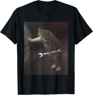 Funny Cat Mechanic Meme with Wrench Sarcastic Humor Dad Men T-Shirt - T-Shirt | Black
