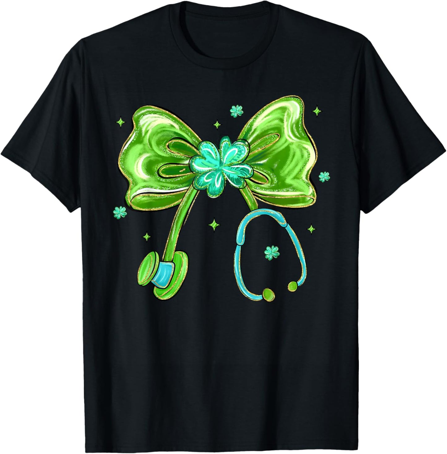 St Patrick's Day Nurse Shamrock Coquette Bow Stethoscope T-Shirt - T-Shirt | Black