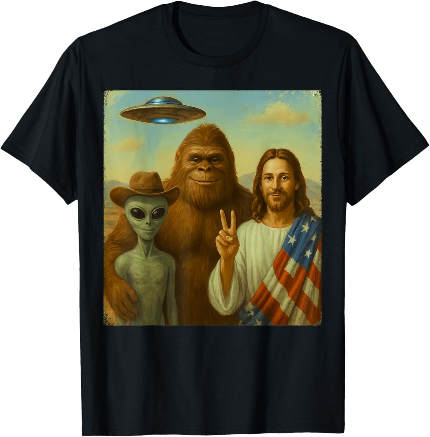 American Bigfoot Alien Jesus UFO Funny Cryptids Patriots T-Shirt - T-Shirt | Black