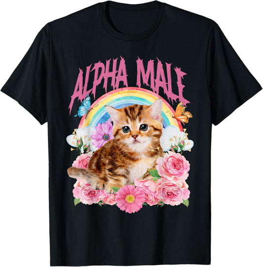 Alpha Male Funny Cat Kitten Rainbow Floral T-Shirt - T-Shirt | Black