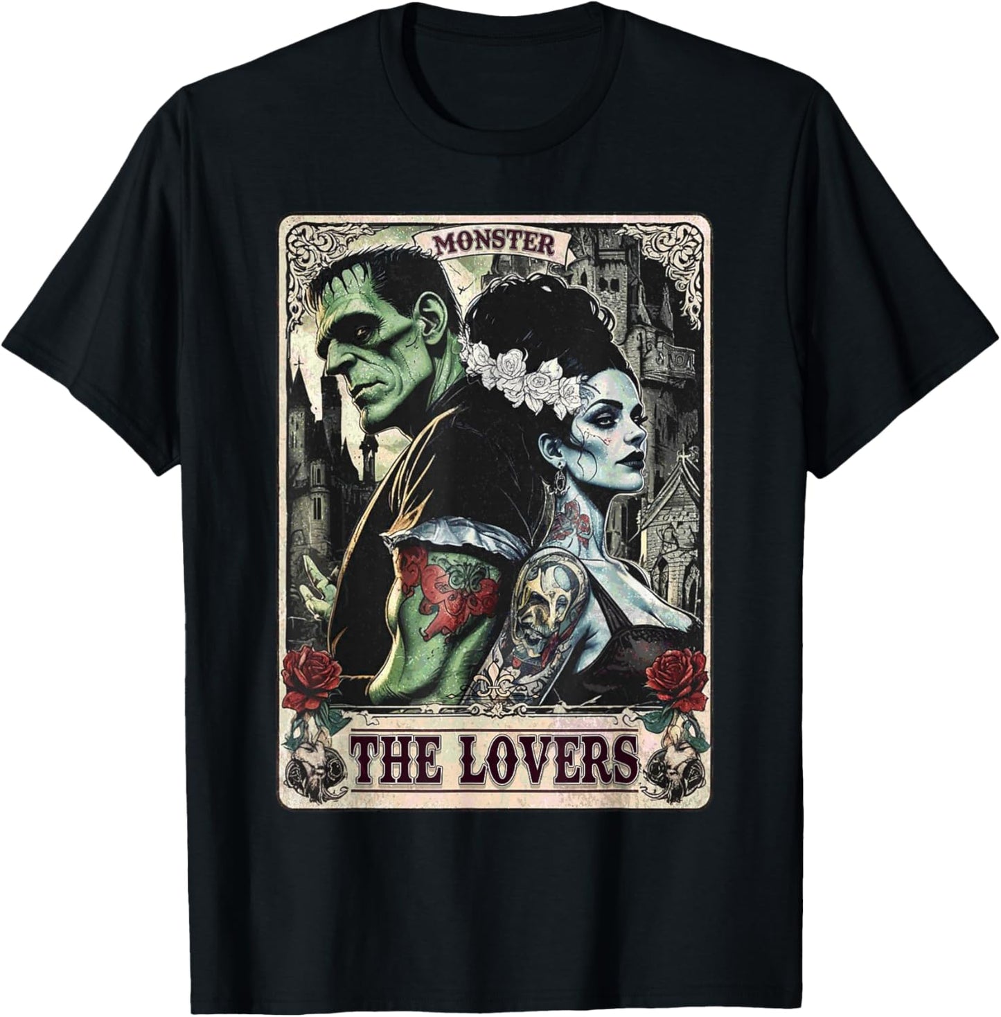 The Monster Frankenstein and Bride The Lovers Tarot Card T-Shirt - T-Shirt | Black