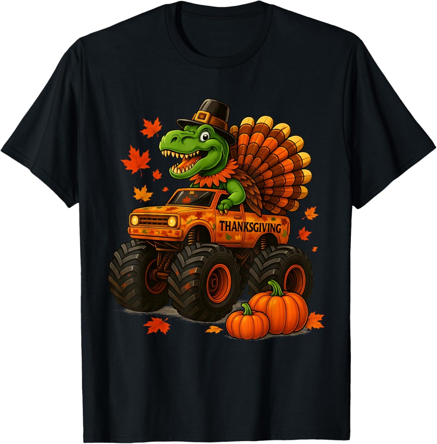 Monster Truck Trex Dinosaur Turkey Fall Thanksgiving Boy Kid T-Shirt - T-Shirt | Black