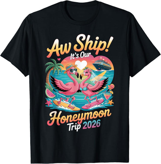 2026 Matching Honeymoon Cruise Flamingo Bride Groom Couple T-Shirt - T-Shirt | Black