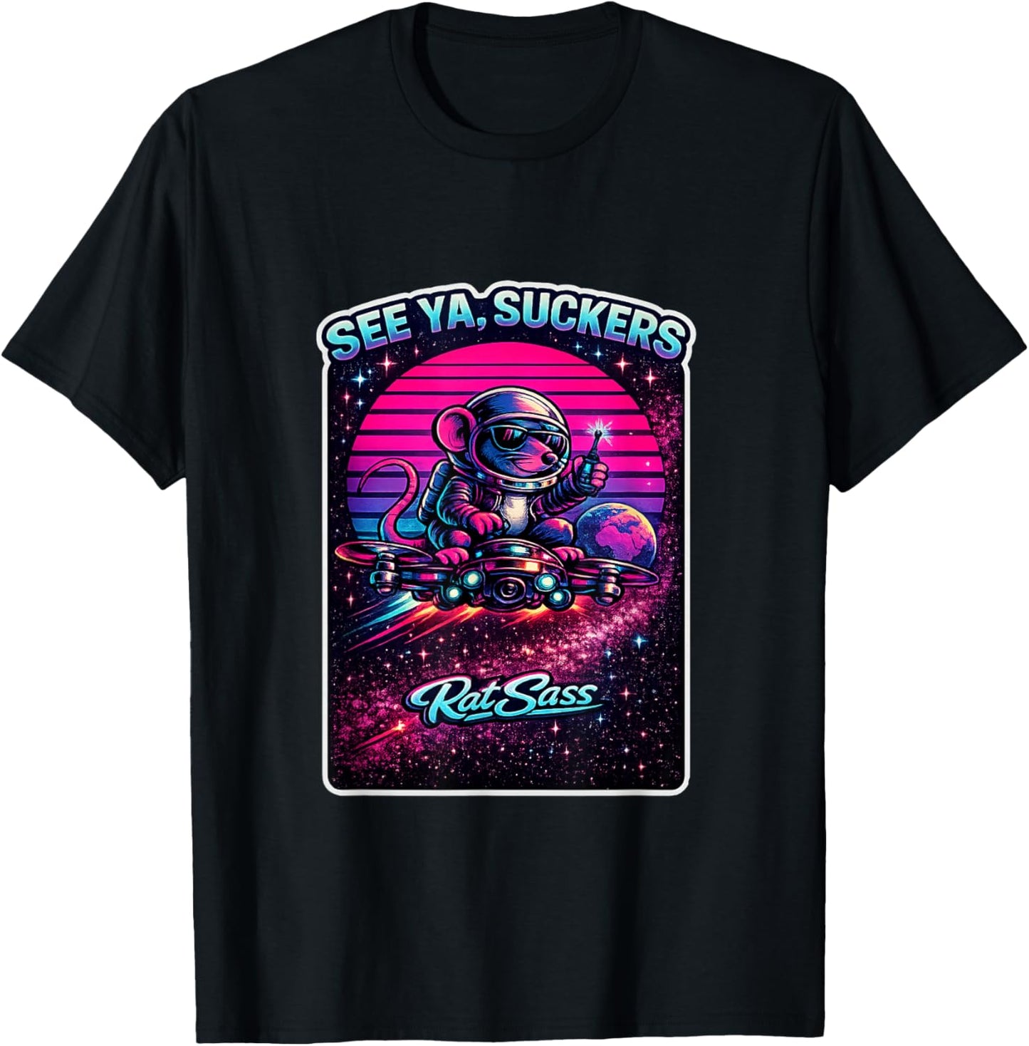 Space Escape Cartoon Rat Astronaut Drone Retro Sci-Fi Humor T-Shirt - T-Shirt | Black
