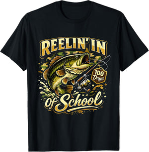 Reelin in 100 Days of School Fishing Fun T-Shirt - T-Shirt | Black