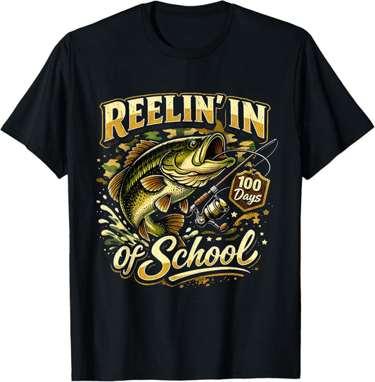 Reelin in 100 Days of School Fishing Fun T-Shirt - T-Shirt | Black