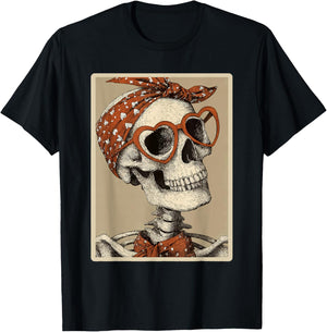 Cute Skeleton with Hearts Glasses Gothic Valentines Coquette T-Shirt - T-Shirt | Black