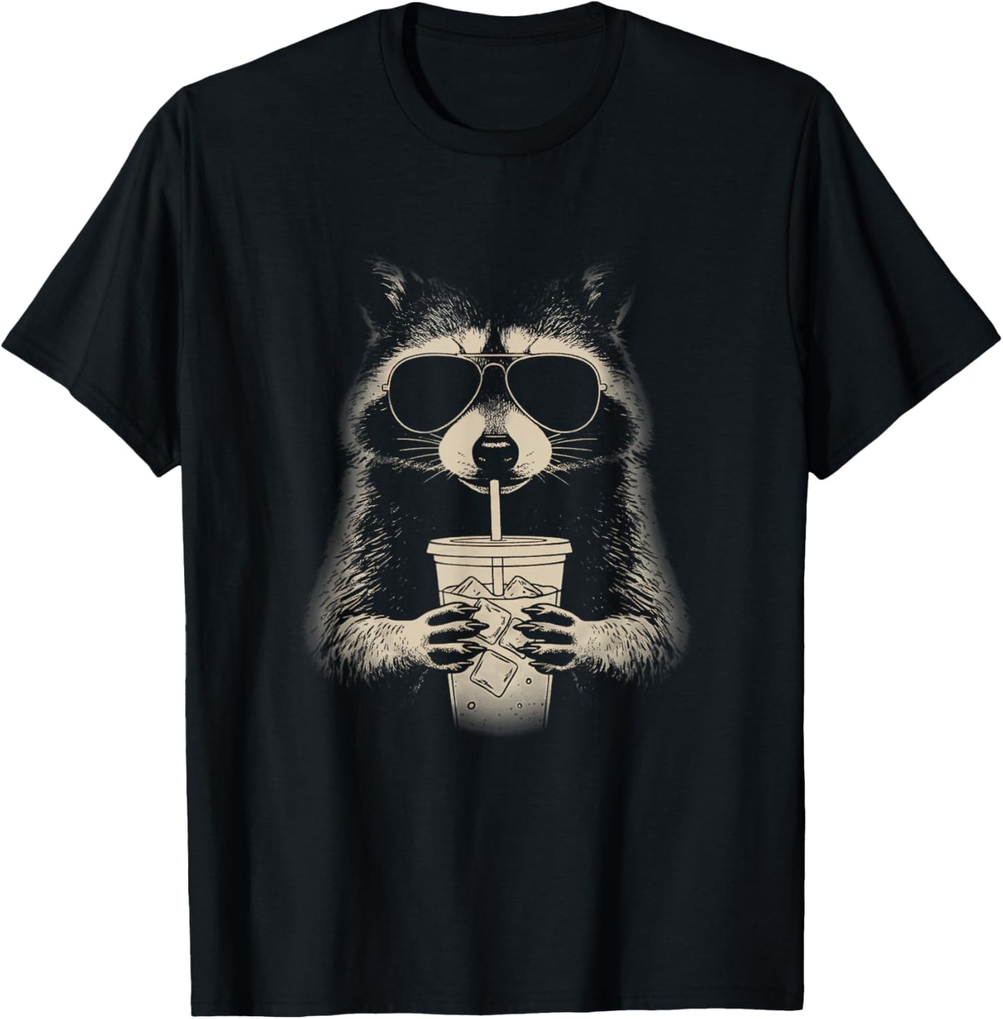Raccoon Drinking Iced Coffee Meme Face Y2K Grunge Graphic T-Shirt - T-Shirt | Black