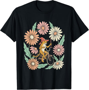 Vintage Cheetah Witch Riding Bicycle Floral T-Shirt - T-Shirt | Black