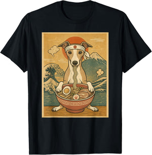 Kawaii Whippet Japanese Ramen Noodles T-Shirt - T-Shirt | Black