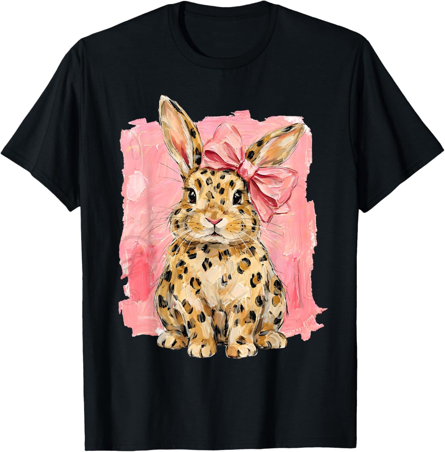 Leopard Print Bunny with Pink Bow Cute Spring Easter Day T-Shirt - T-Shirt | Black
