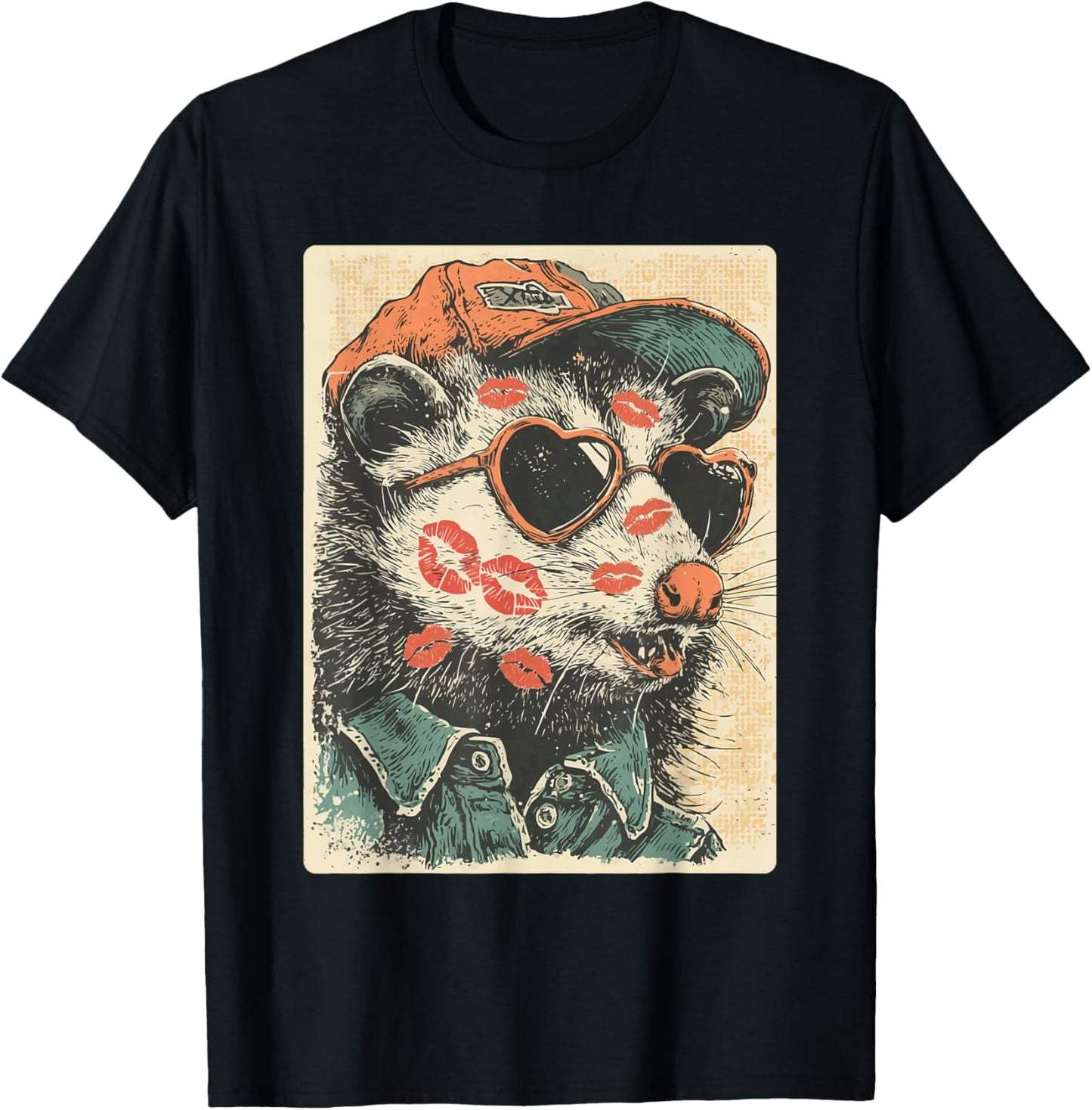 Cute Opossum with Sunglasses Kisses Valentine's Day Possum T-Shirt - T-Shirt | Black