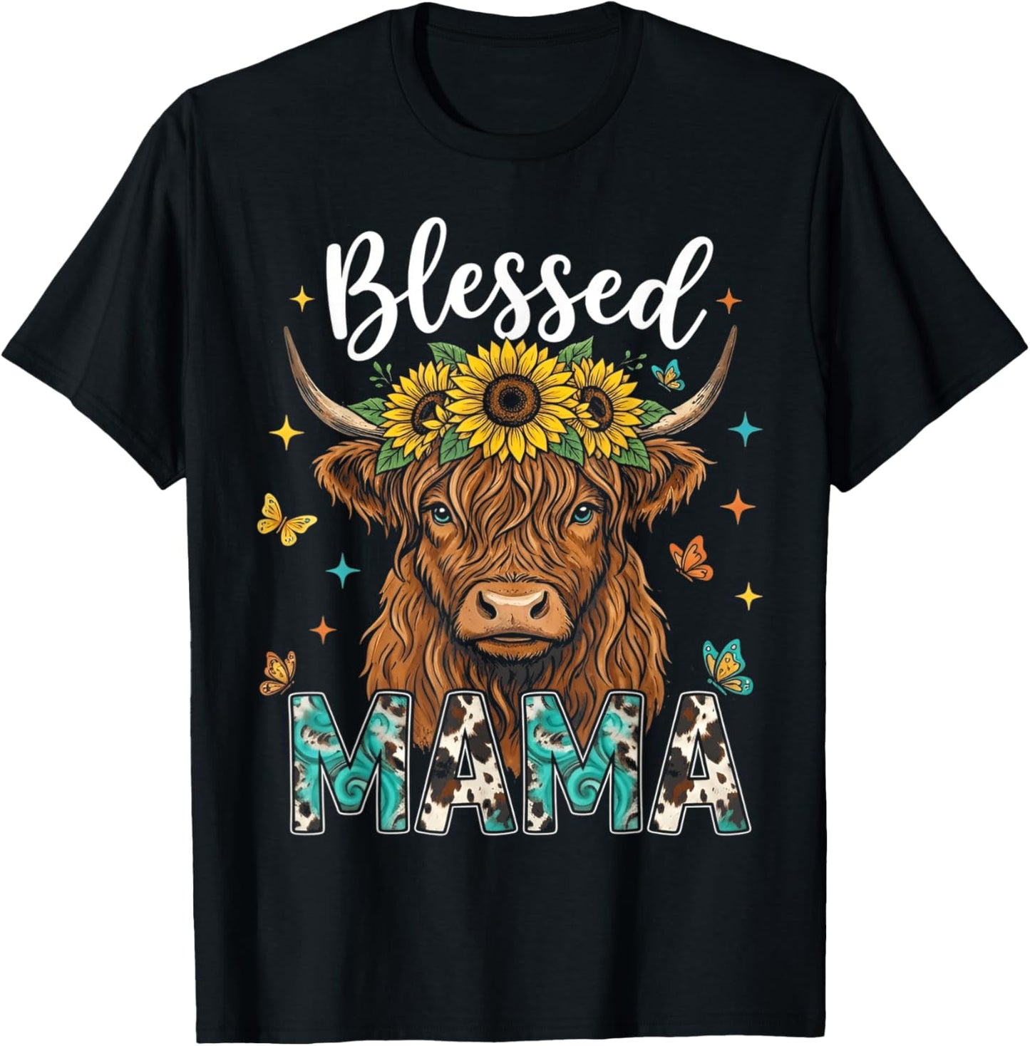 Mothers Day Blessed Mama Highland Cow Sunflowers Country Mom T-Shirt - T-Shirt | Black