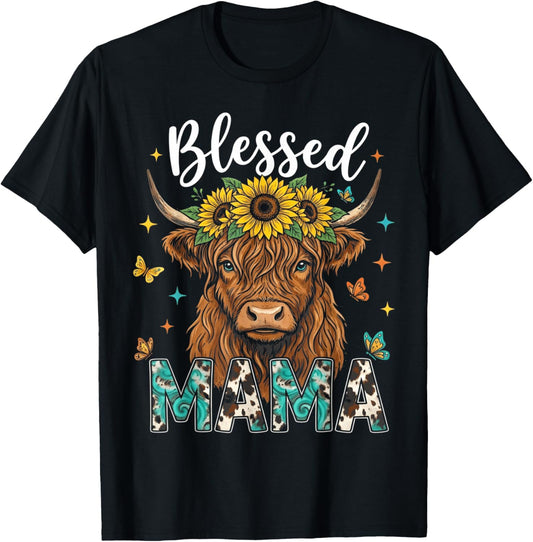 Mothers Day Blessed Mama Highland Cow Sunflowers Country Mom T-Shirt - T-Shirt | Black