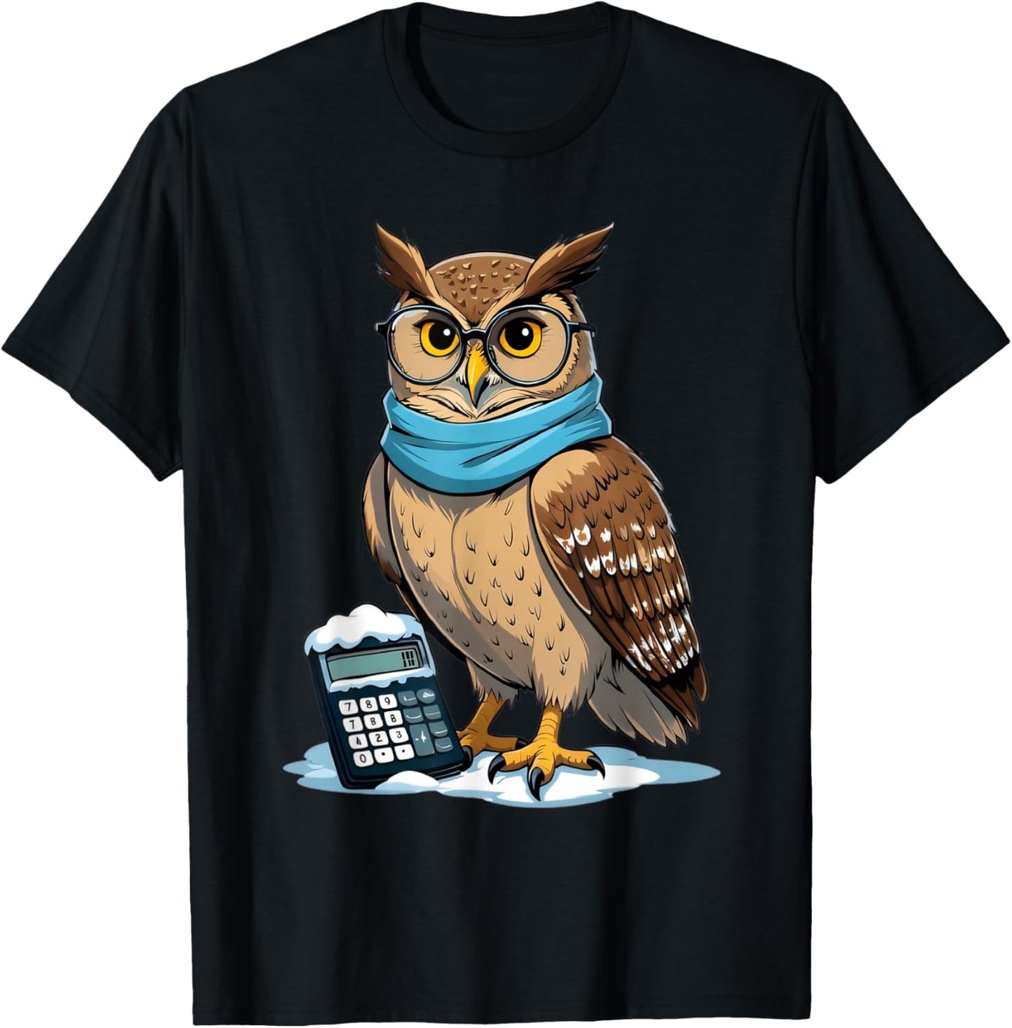 Cartoon Owl with Glasses and Calculator in Snow T-Shirt - T-Shirt | Black